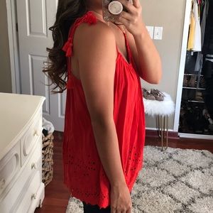 Loft red embroidered tassel tie tank top